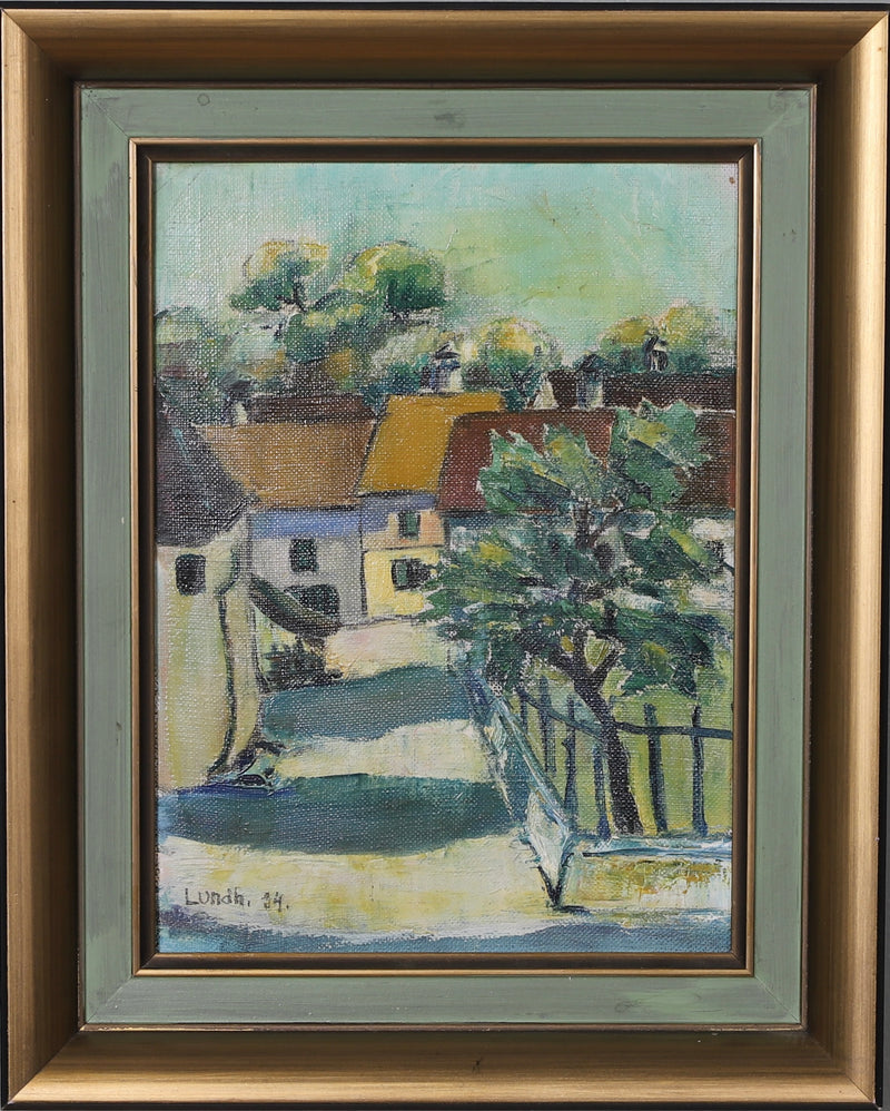 Vintage Village Oil Painting Dated 1934 from Sweden