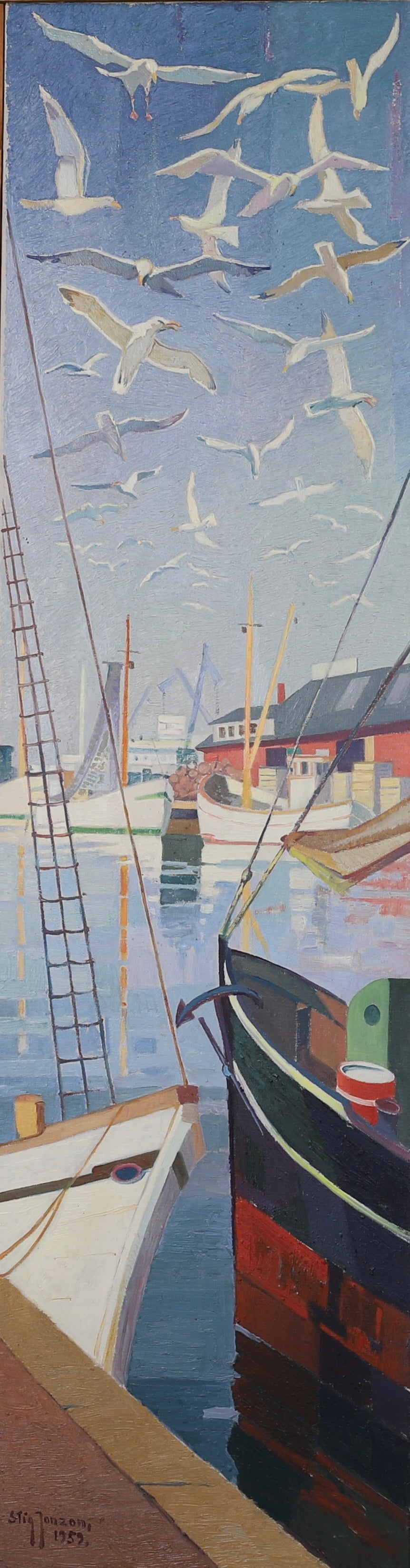 Mid Century Harbor Oil Painting From Sweden 1959