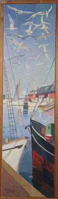 Load image into Gallery viewer, Mid Century Harbor Oil Painting From Sweden 1959
