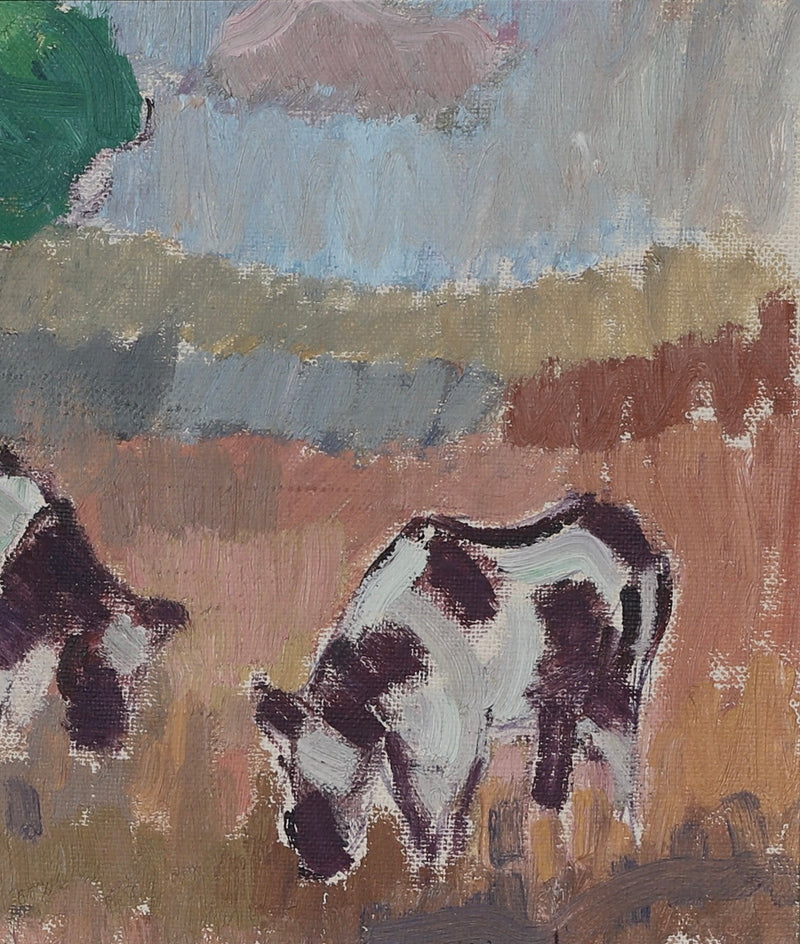 Vintage Art Room Original Oil Painting of Cows Grazing From Sweden