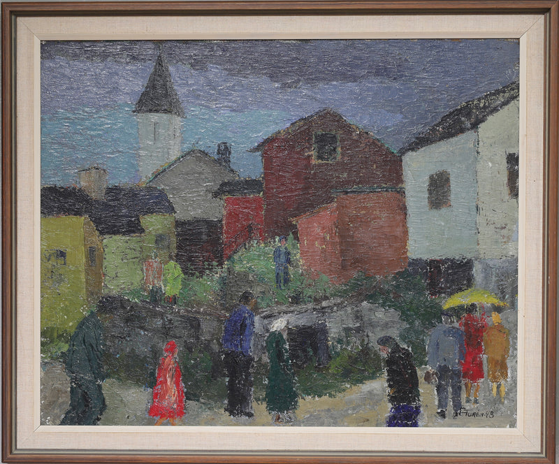 Mid Century Original Cityscape Oil Painting From Sweden