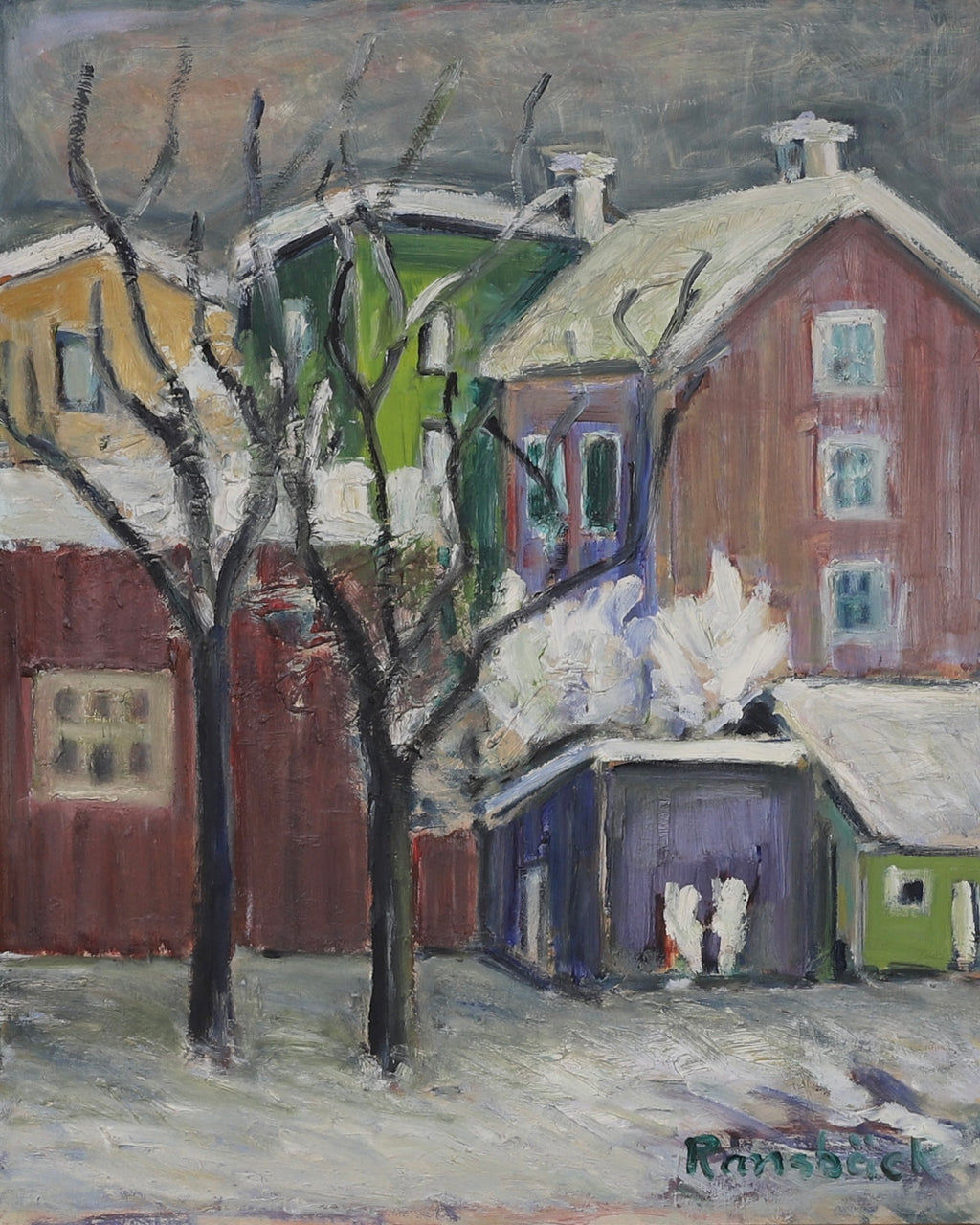 Vintage Winter Village Oil Painting from Sweden