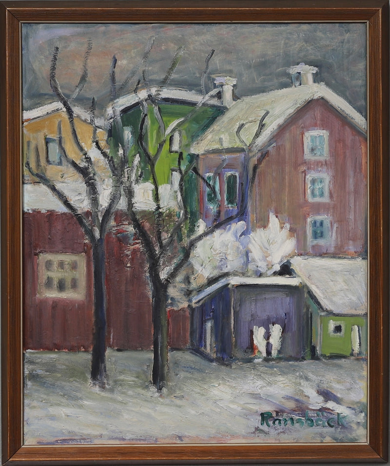 Vintage Winter Village Oil Painting from Sweden