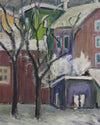 Vintage Winter Village Oil Painting from Sweden