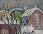 Vintage Winter Village Oil Painting from Sweden