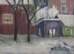 Vintage Winter Village Oil Painting from Sweden