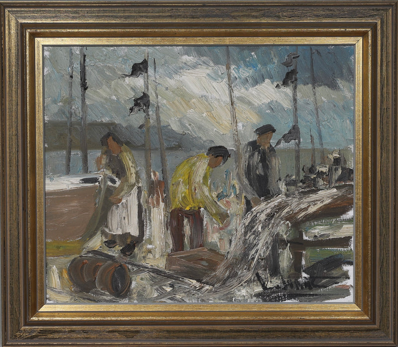 Original Vintage Oil Painting Of Harbor From Sweden by A Wallsten