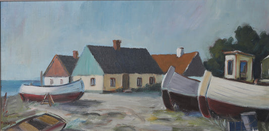 Vintage Mid Century Coastal Oil Painting of Seaside House From Sweden