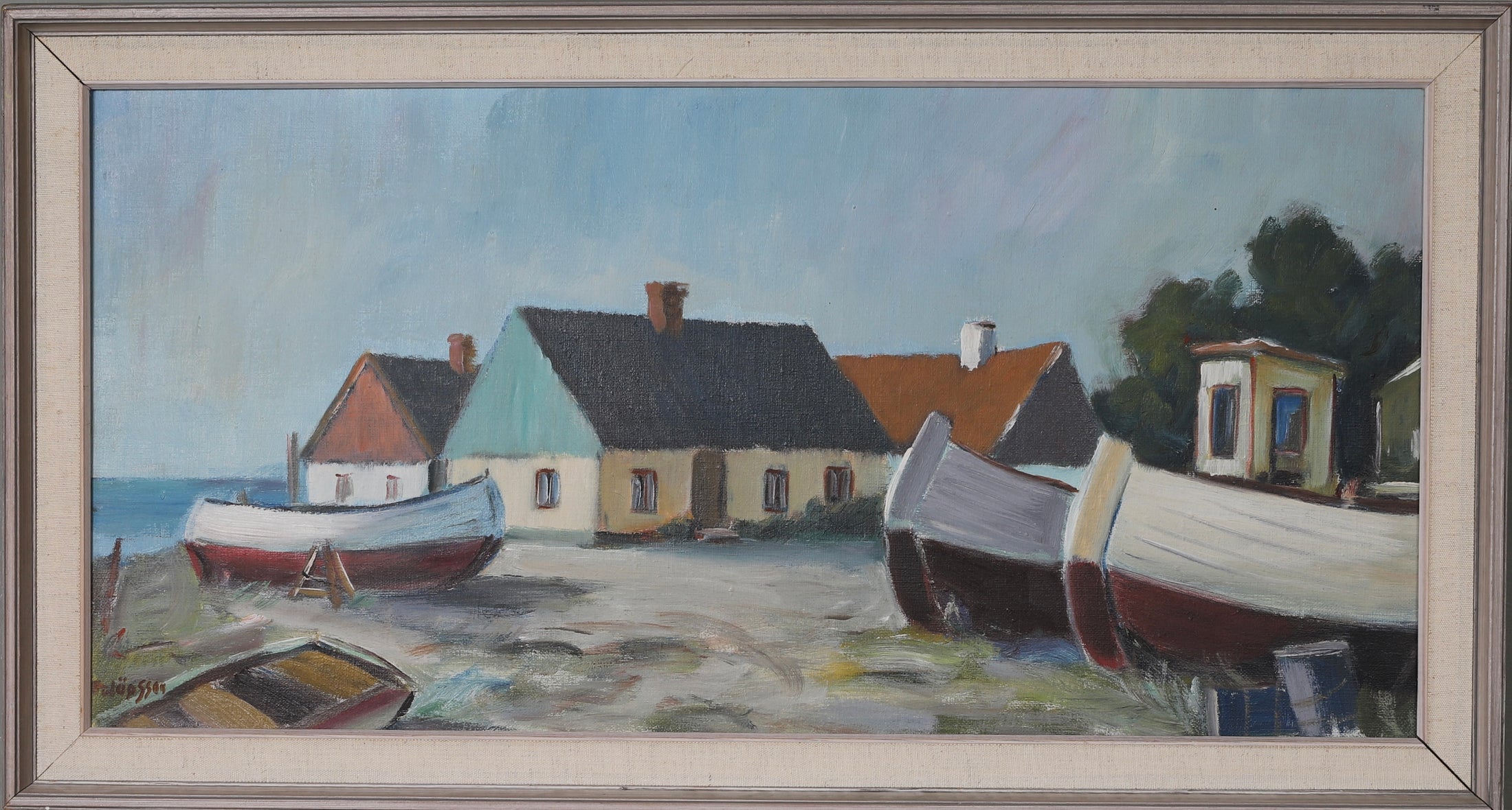 Vintage Mid Century Coastal Oil Painting of Seaside House From Sweden