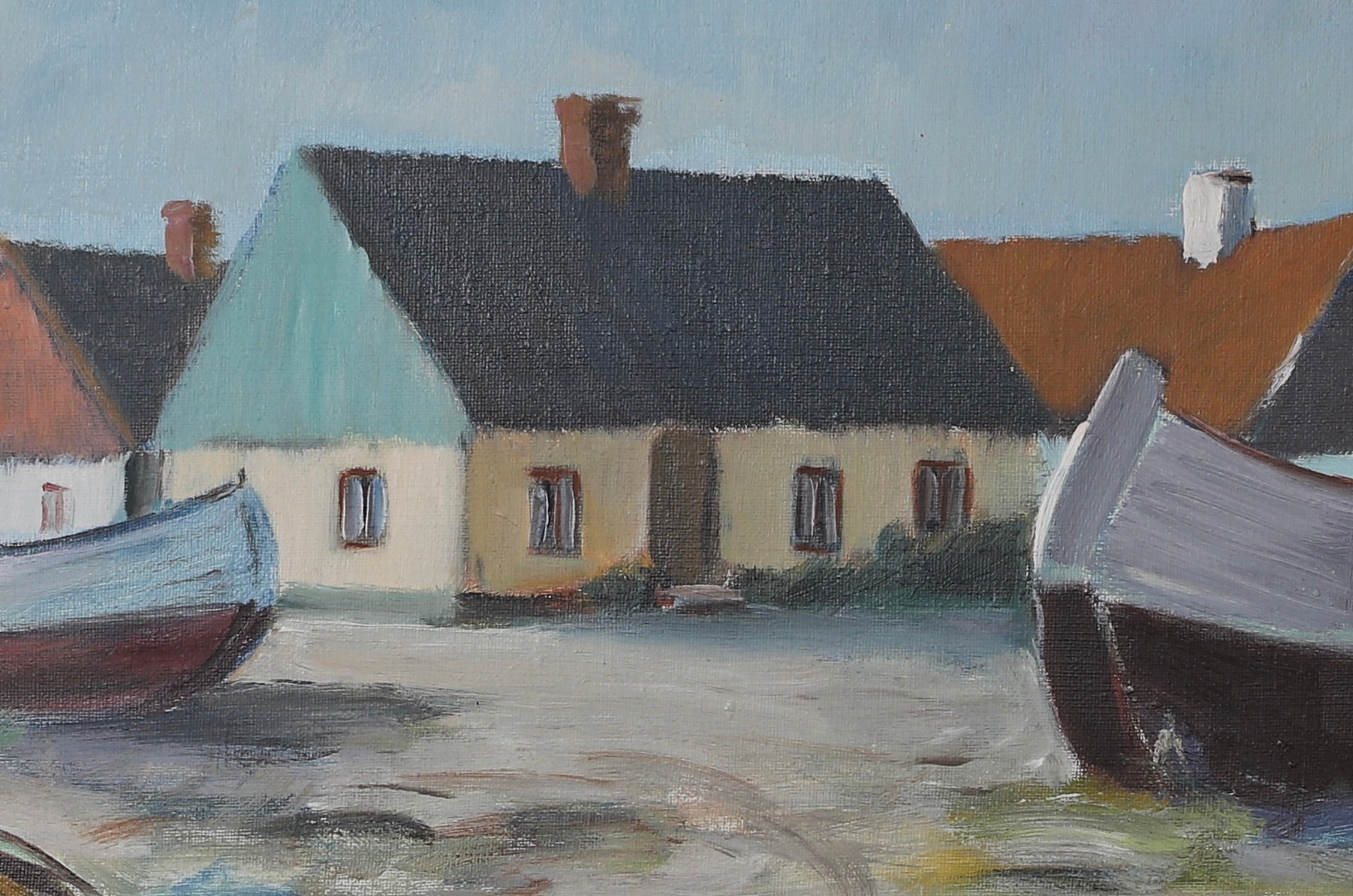 Vintage Mid Century Coastal Oil Painting of Seaside House From Sweden