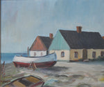 Vintage Mid Century Coastal Oil Painting of Seaside House From Sweden