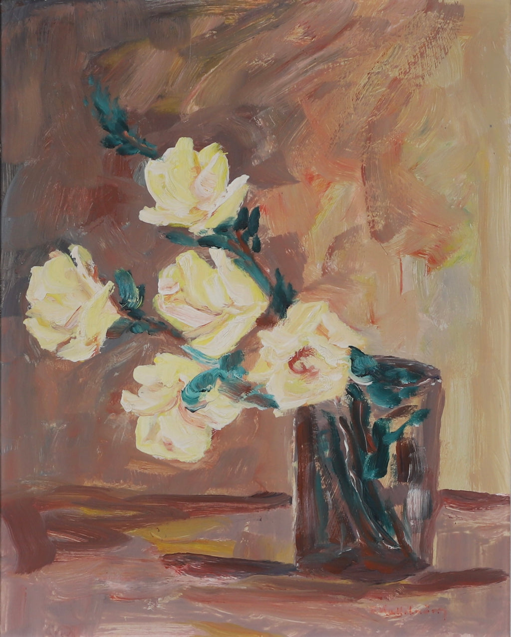 Original Mid Century Still Life Oil Painting Yellow Roses from Sweden