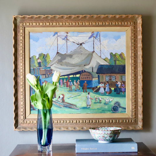 Mid Century Original Circus Oil Painting from Sweden