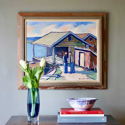 Original Vintage Oil Painting Of Fishermen in a Harbor Sweden