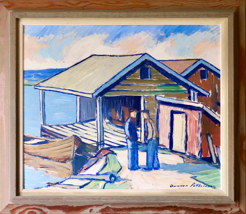 Original Vintage Oil Painting Of Fishermen in a Harbor Sweden