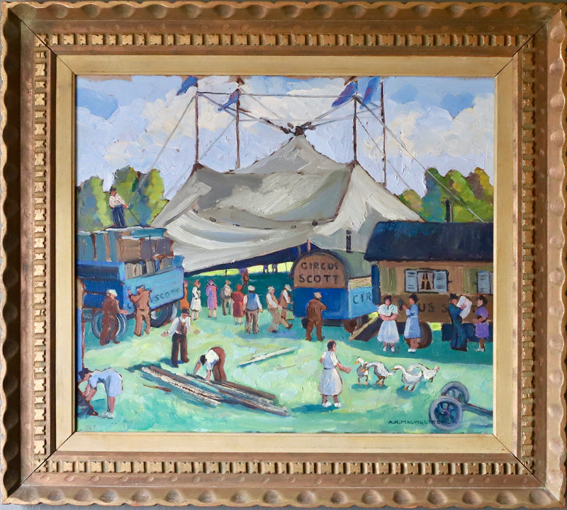Mid Century Original Circus Oil Painting from Sweden