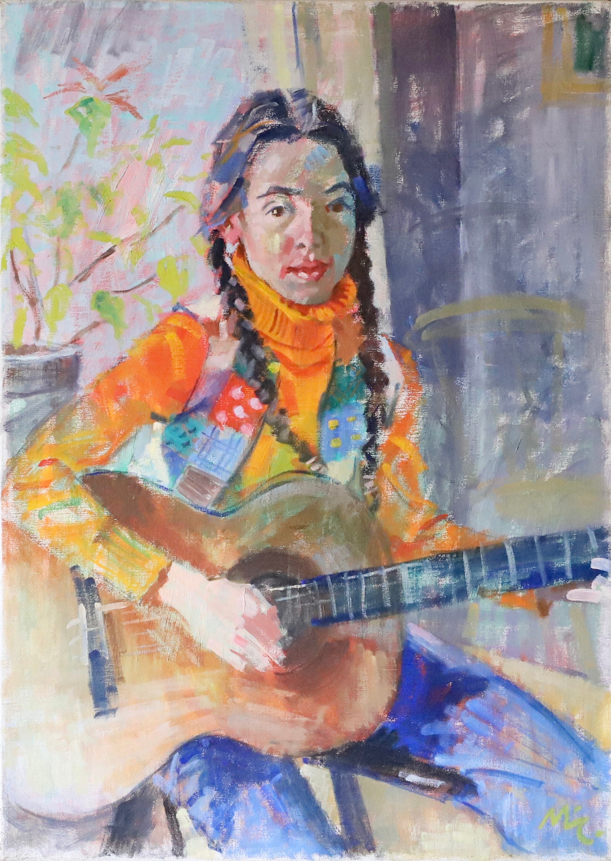 Mid Century Original Portrait -The Guitar Player- Oil Painting From Sweden