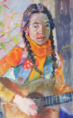 Mid Century Original Portrait -The Guitar Player- Oil Painting From Sweden