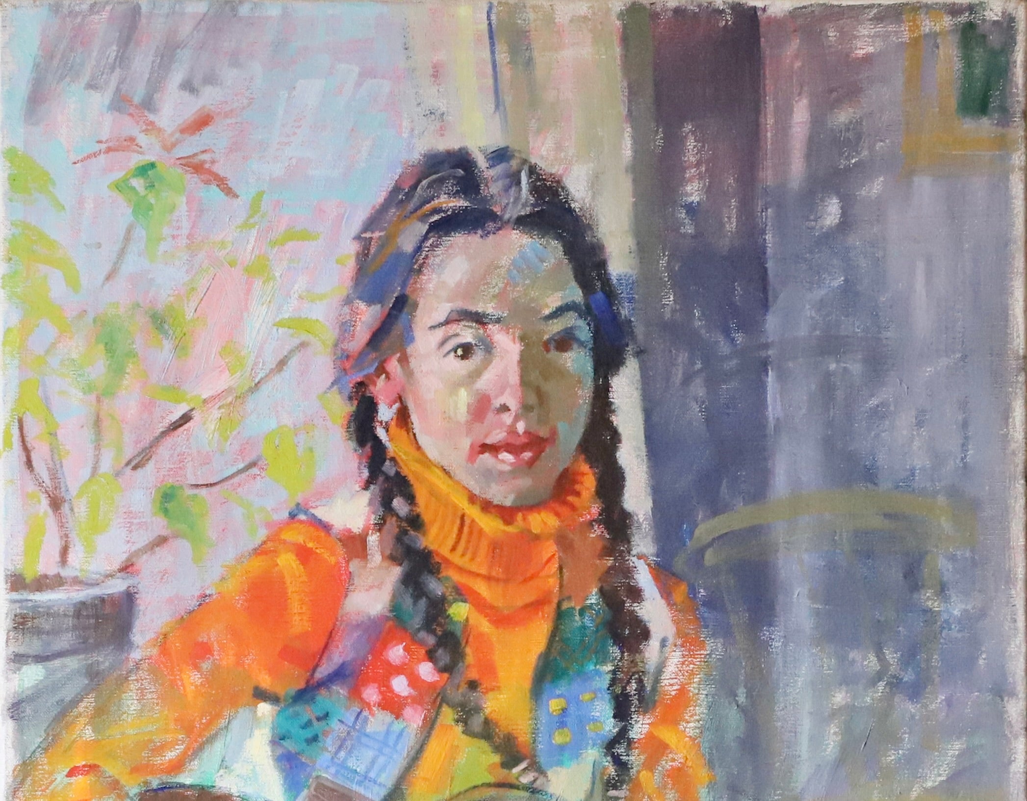 Mid Century Original Portrait -The Guitar Player- Oil Painting From Sweden
