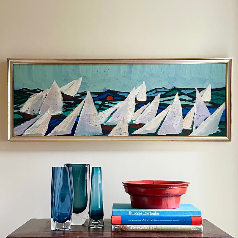 Mid Century Original Sailboat Oil Painting From Sweden 1957