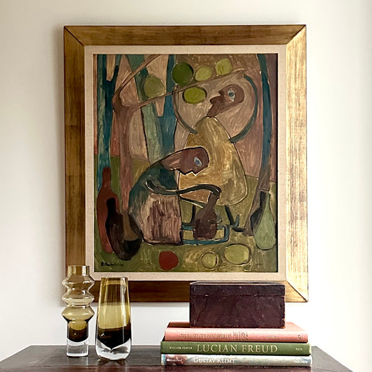 Mid Century Original Landscape with Figures Oil Painting from Sweden 1950