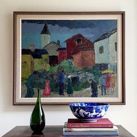 Mid Century Original Cityscape Oil Painting From Sweden