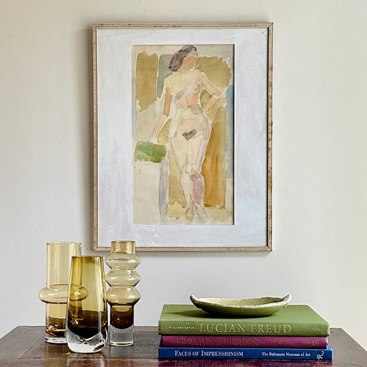 Original Mid Century Watercolor Figurative Painting From Sweden