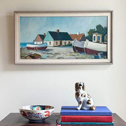 Vintage Mid Century Coastal Oil Painting of Seaside House From Sweden