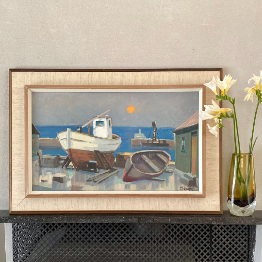 Mid Century Oil Painting of Harbor From Sweden