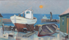 Mid Century Oil Painting of Harbor From Sweden