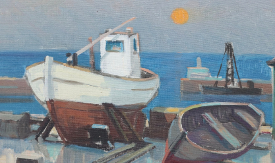 Mid Century Oil Painting of Harbor From Sweden