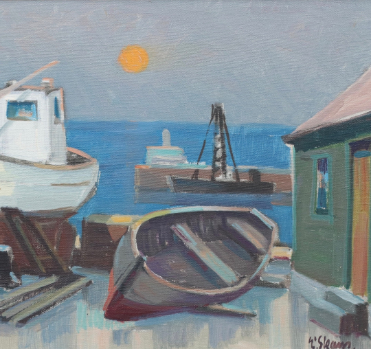 Mid Century Oil Painting of Harbor From Sweden