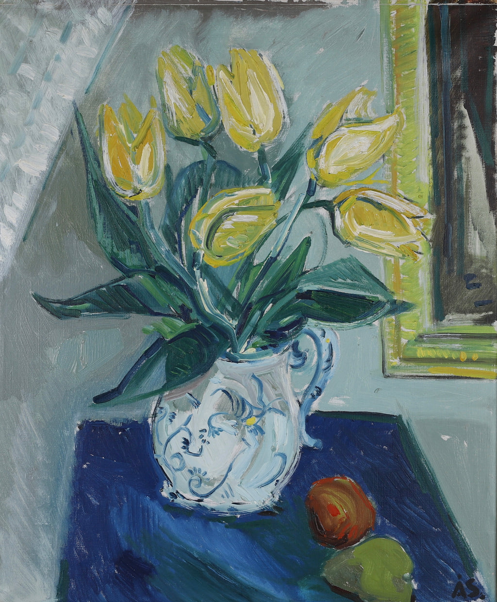 Mid Century Original Still Life Oil Painting of Tulips From Sweden