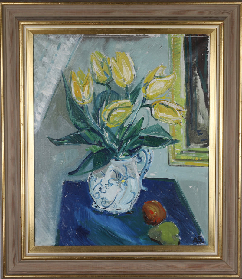 Mid Century Original Still Life Oil Painting of Tulips From Sweden