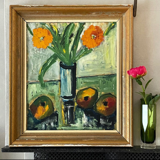 Mid Century Original Still Life Oil Painting of Flowers From Sweden