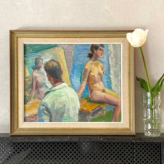 Mid Century Original Figure Oil Painting by C Deelsbo Sweden