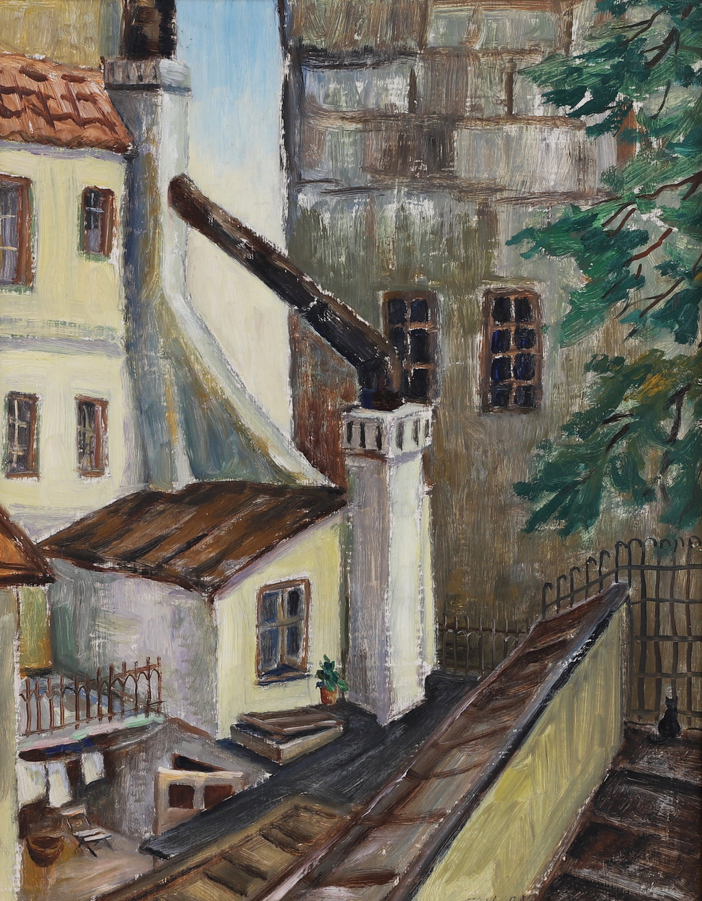 Vintage Cityscape Oil Painting Dated 1954 from Sweden