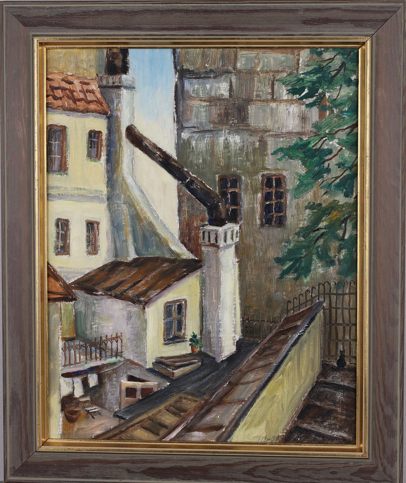 Vintage Cityscape Oil Painting Dated 1954 from Sweden