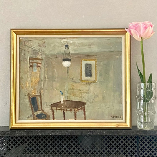 Vintage Interior Oil Painting by Göta Fogler From Sweden