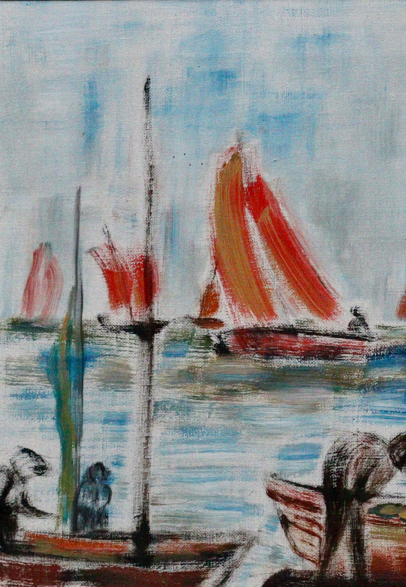 Mid Century Original Fine Art Oil Painting of Boats in Harbor