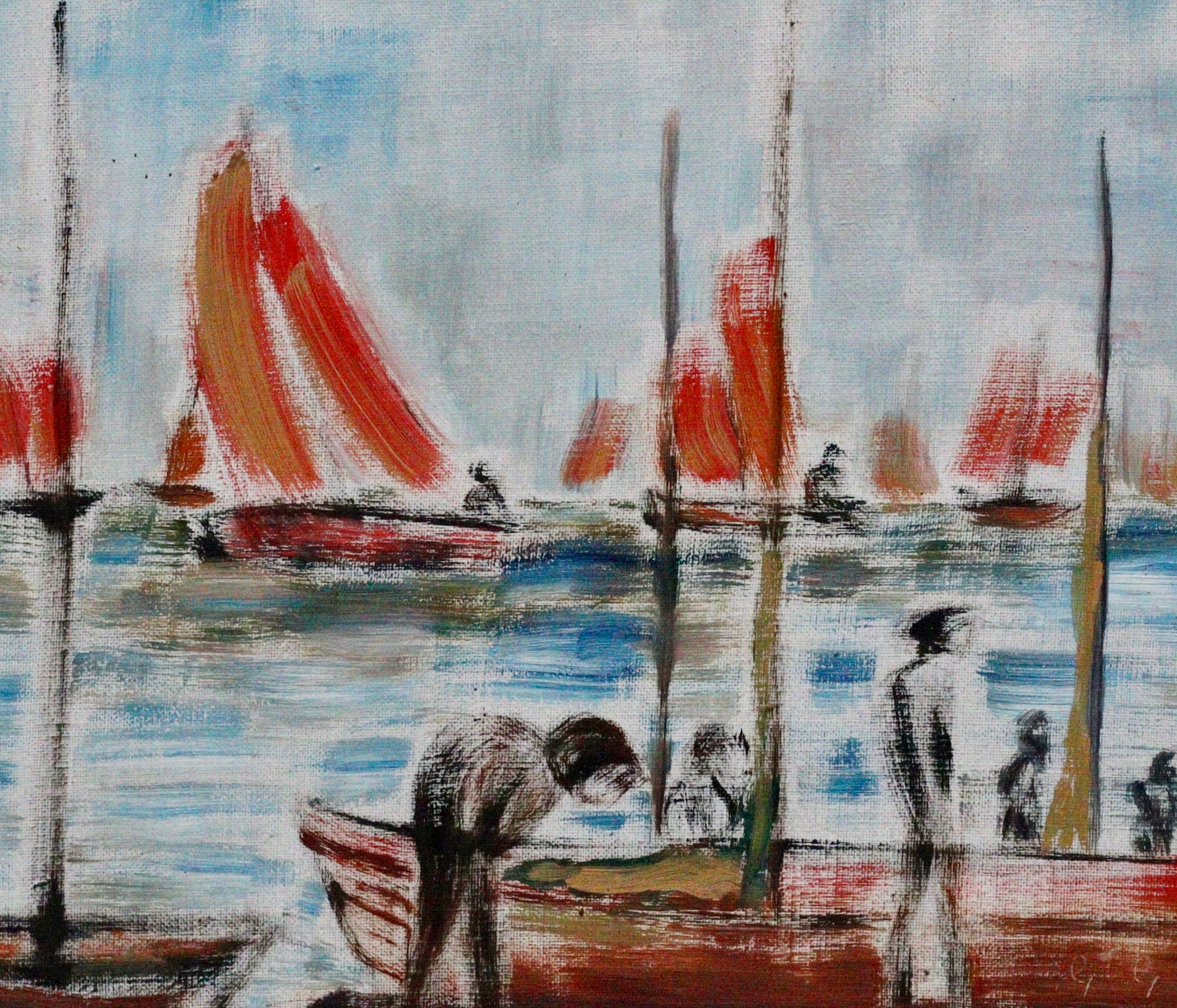 Mid Century Original Fine Art Oil Painting of Boats in Harbor