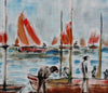 Mid Century Original Fine Art Oil Painting of Boats in Harbor
