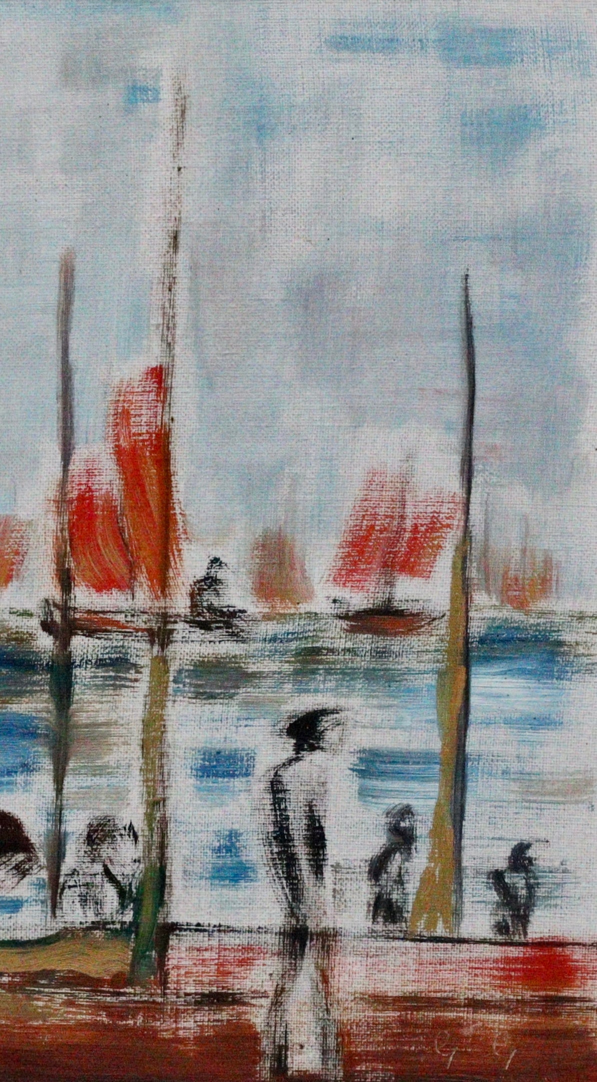 Mid Century Original Fine Art Oil Painting of Boats in Harbor
