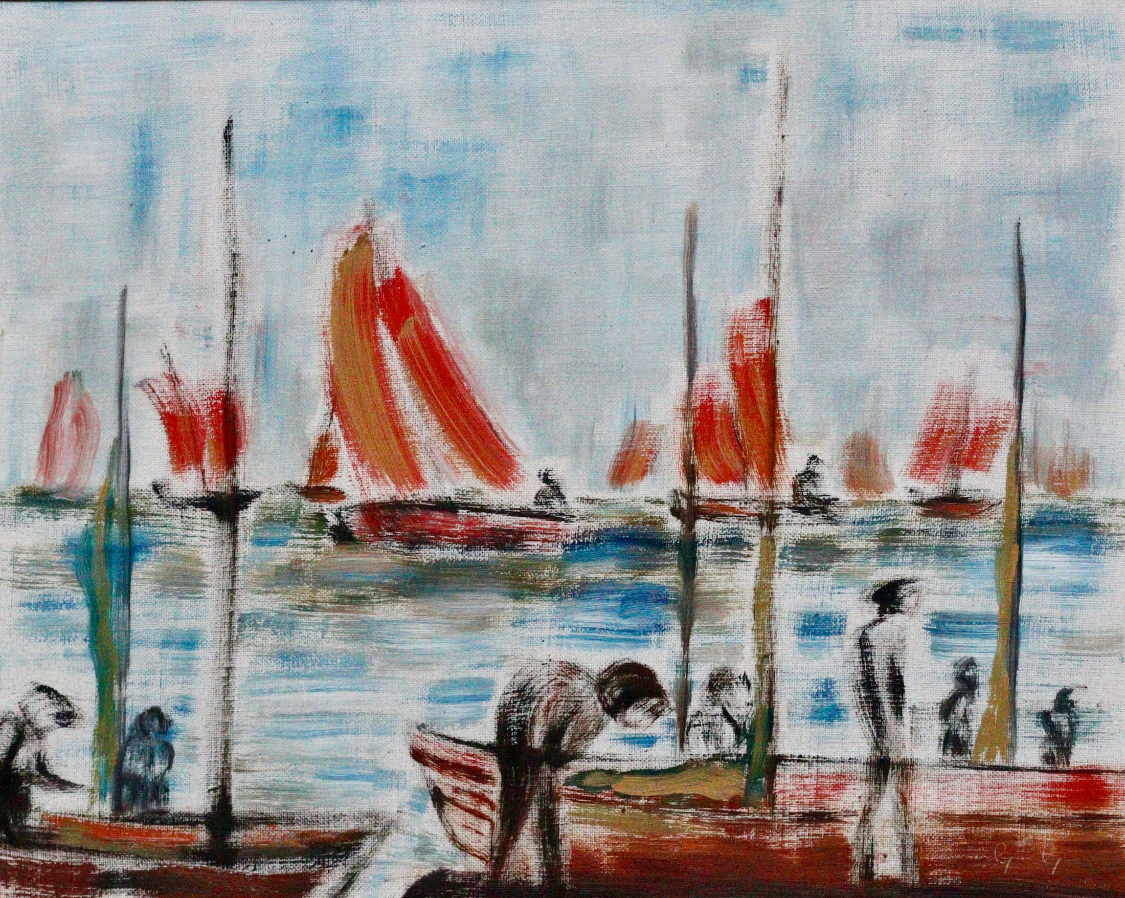 Mid Century Original Fine Art Oil Painting of Boats in Harbor