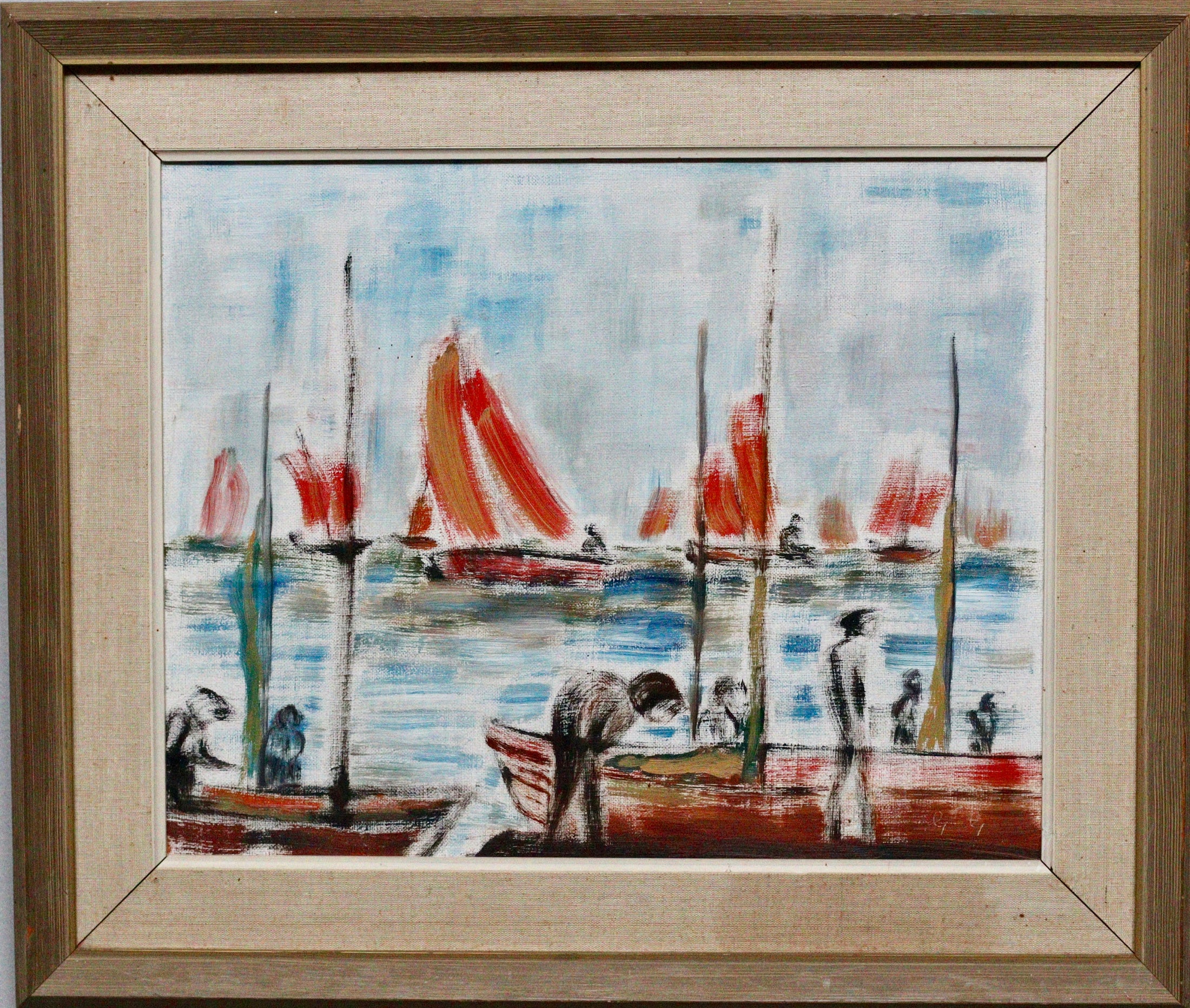 Mid Century Original Fine Art Oil Painting of Boats in Harbor