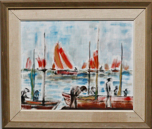 Mid Century Original Fine Art Oil Painting of Boats in Harbor