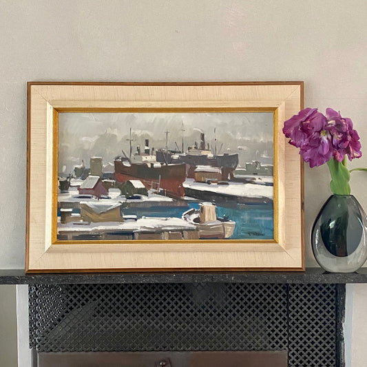 Mid Century Oil Painting of Harbor by Listed Artist Eskil Skans Sweden