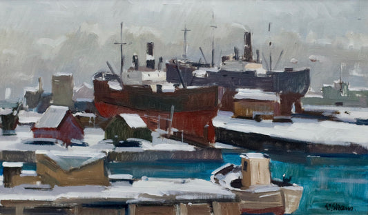 Mid Century Oil Painting of Harbor by Listed Artist Eskil Skans Sweden