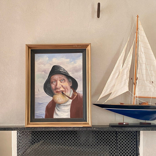 Vintage Fisherman Portrait Oil Painting by Listed Artist Carl-Ivar Öfverbäck