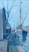 Vintage Seascape Oil Painting Fine Art Original of Boat in Harbor